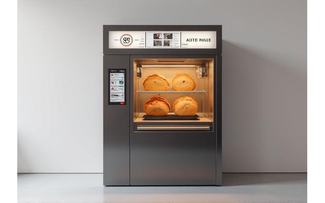 Image détaillée du distributeur automatique de pain La Mie Lumière, vue de face, montrant l'interface utilisateur et le compartiment de cuisson.