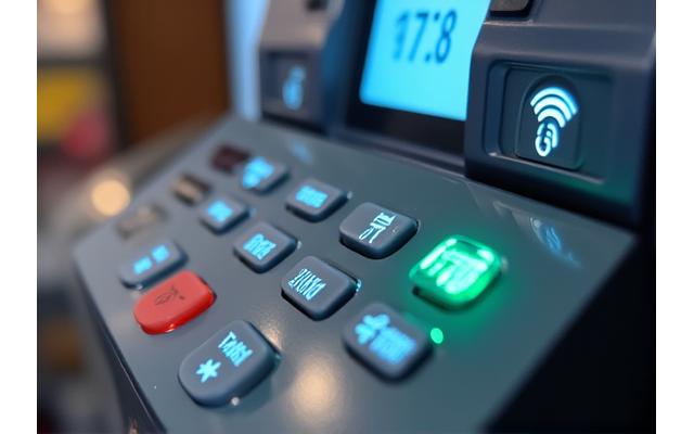 Gros plan sur le système de paiement multiple du distributeur, incluant lecteur de carte bancaire et sans contact.