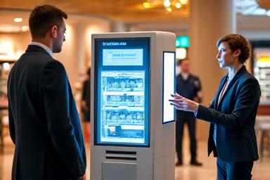 Image d'une équipe installant un kiosque automatisé, avec de la formation